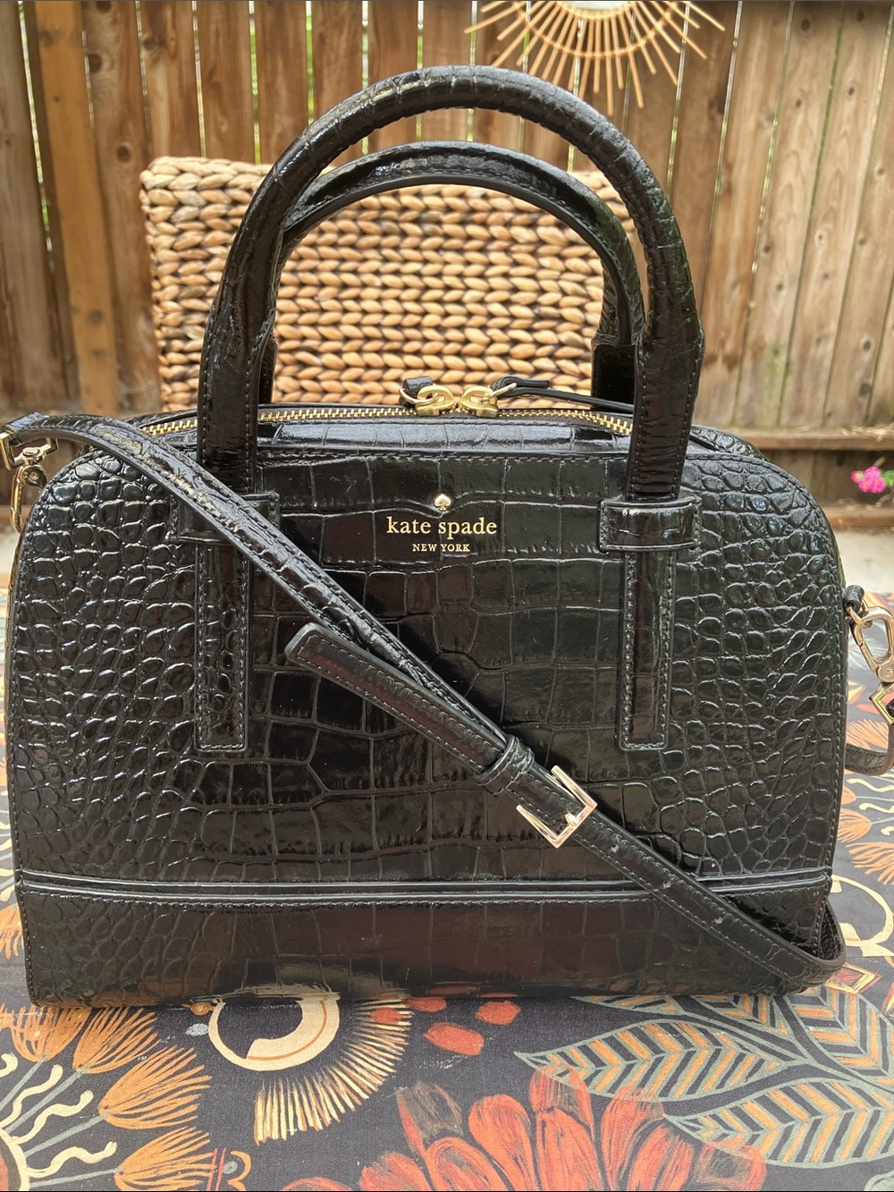 NWOT Kate spade small black Felix riverside street exotic croc embossed bag
